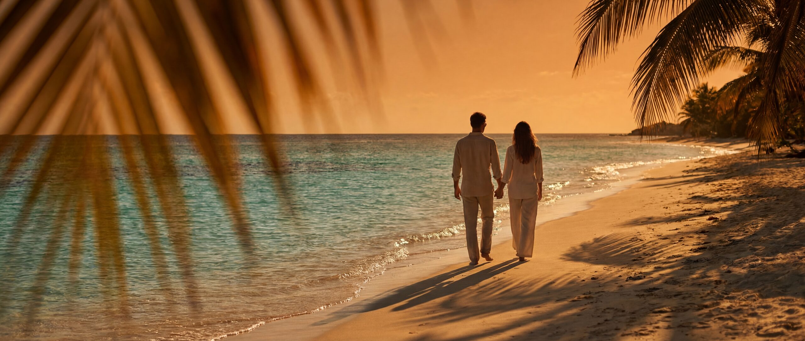Romantic couple on a tropical beach at sunset